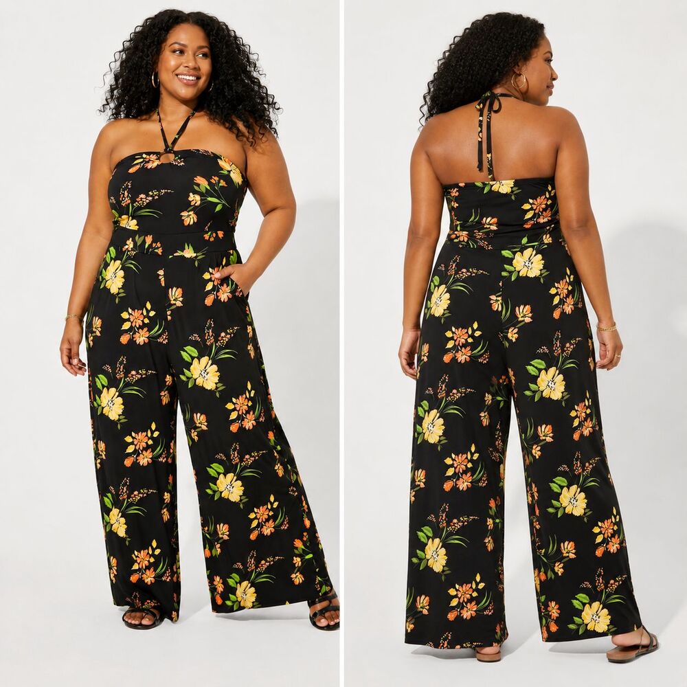 Torrid Floral O-Ring Halter Jumpsuit 3X Tropical Studio Knit Wide Leg Pockets